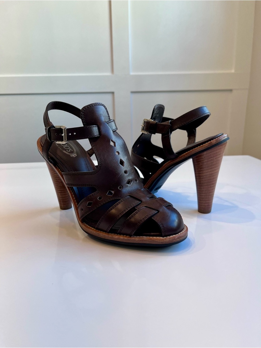 TOD’S Dark Chocolate Brown Leather Cone-Heel Sandals - Picture 2 of 7